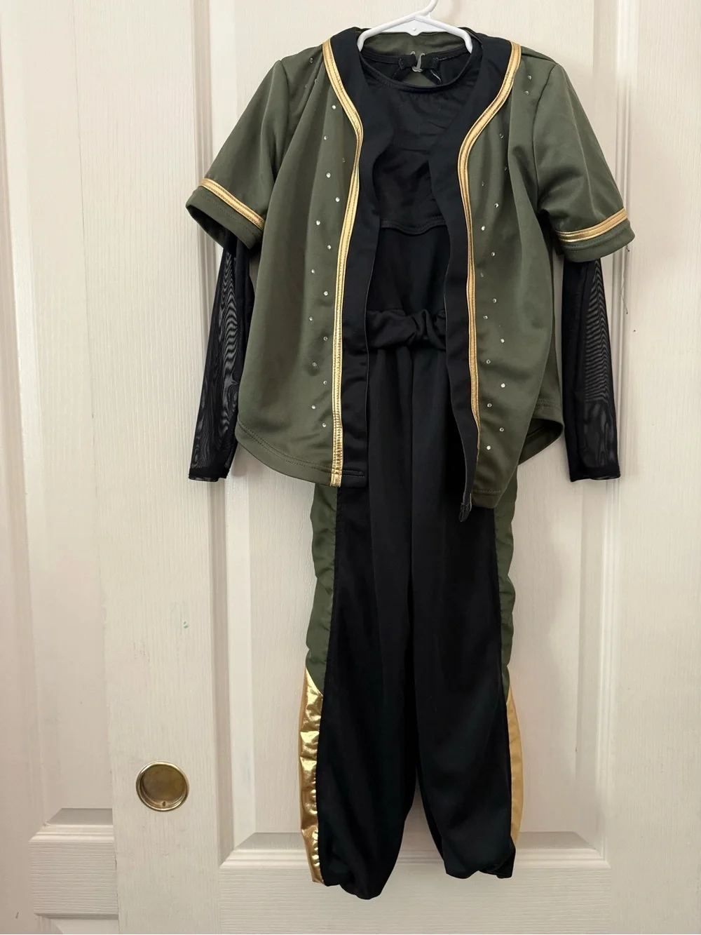 Weissman Black Jumpsuit with Olive Panels and Gold Accents